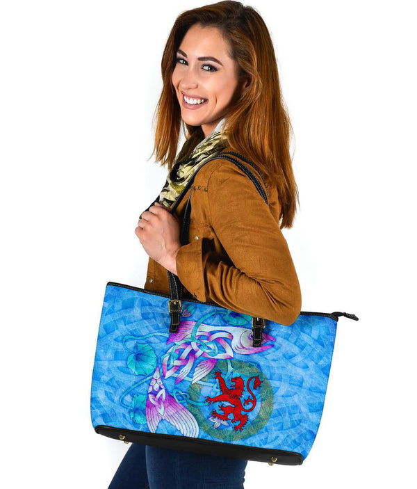 Scotland Celtic Leather Tote Bag - Celtic Fish With Lion