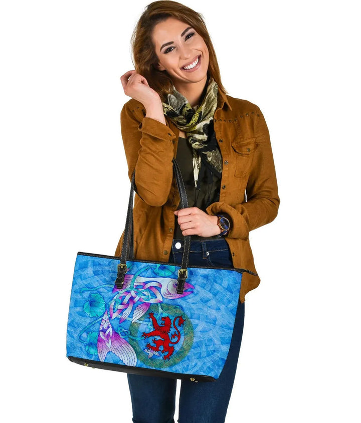 Scotland Celtic Leather Tote Bag - Celtic Fish With Lion