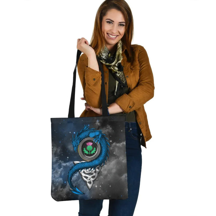 Scotland Celtic Leather Tote Bag - Dragon & Thistle With Celtic