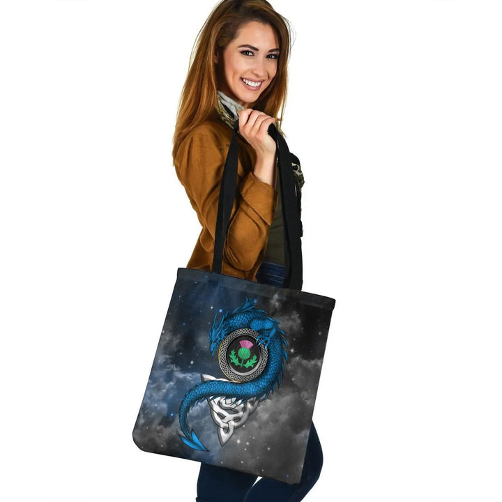 Scotland Celtic Leather Tote Bag - Dragon & Thistle With Celtic