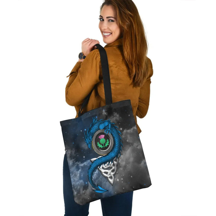 Scotland Celtic Leather Tote Bag - Dragon & Thistle With Celtic