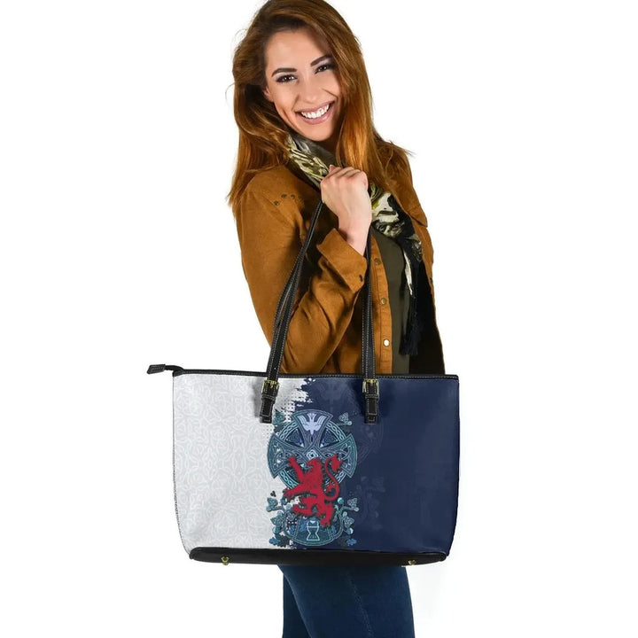 Scotland Celtic Leather Tote Bag - Lion Rampant With Celtic Cross