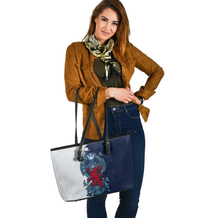 Scotland Celtic Leather Tote Bag - Lion Rampant With Celtic Cross