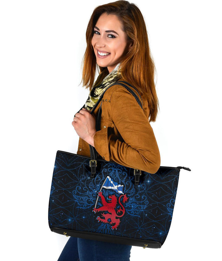 Scotland Celtic Leather Tote Bag - Lion Rampant With Scotland Flag