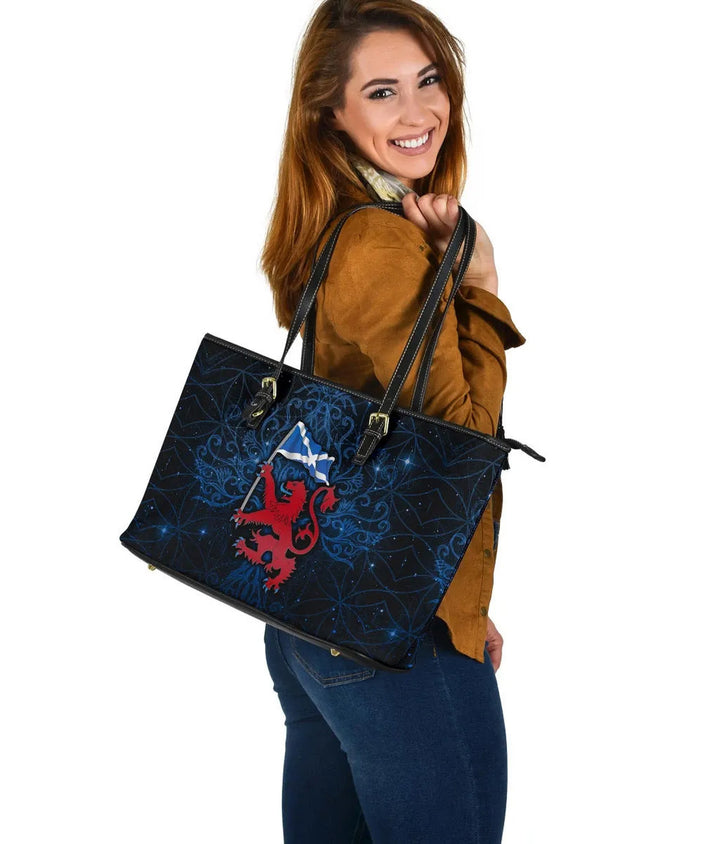 Scotland Celtic Leather Tote Bag - Lion Rampant With Scotland Flag