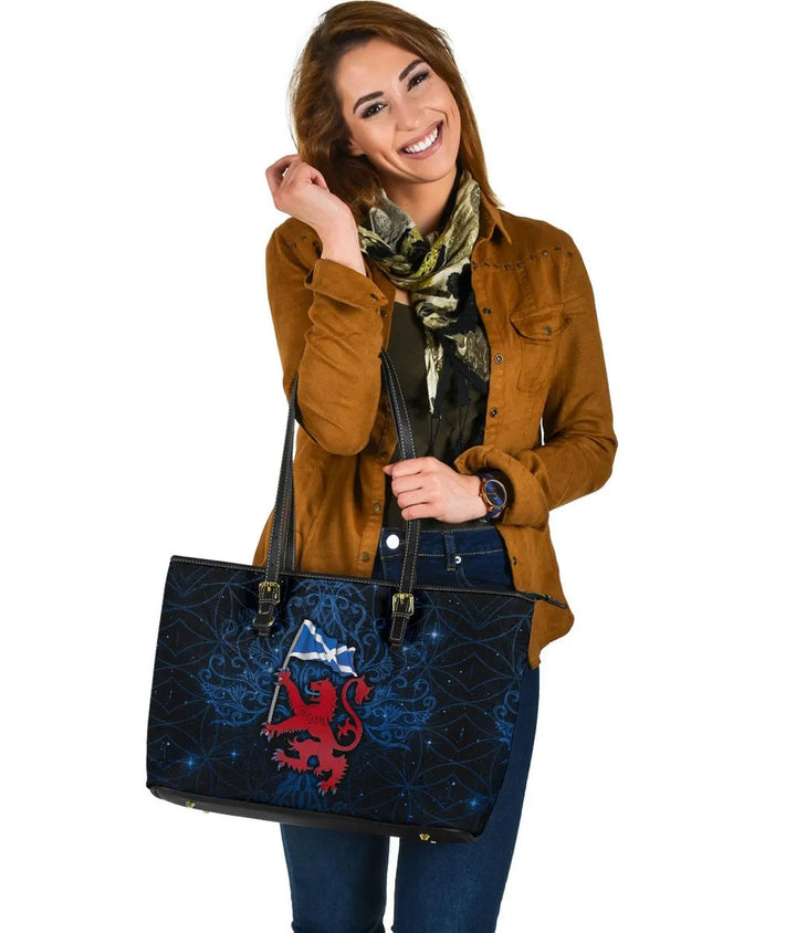 Scotland Celtic Leather Tote Bag - Lion Rampant With Scotland Flag