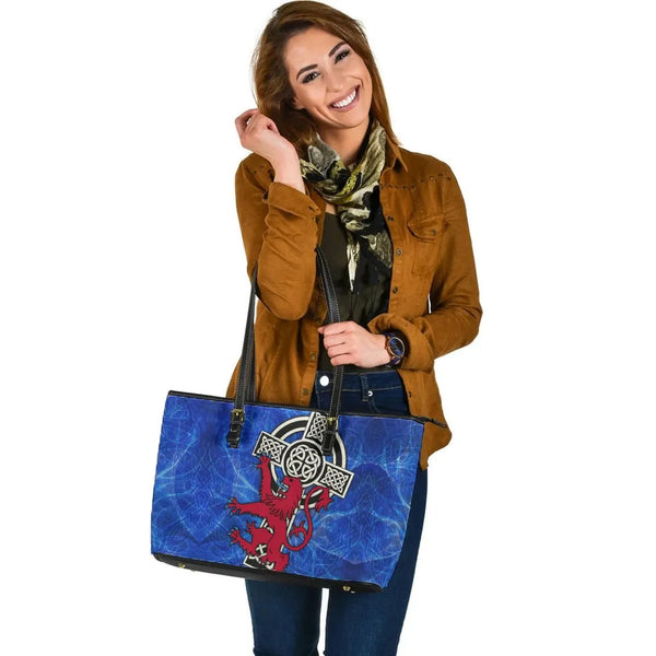 Scotland Celtic Leather Tote Bag - Celtic Cross & Rampant Skew Style