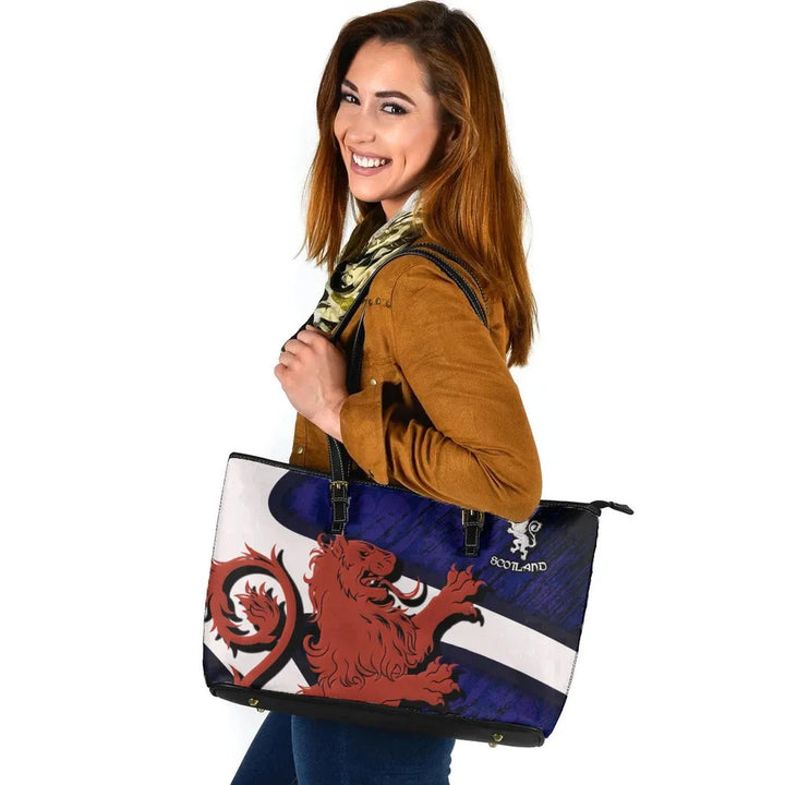 Scotland Celtic Leather Tote Bag - Scottish Lion & Thistle Pattern Brush