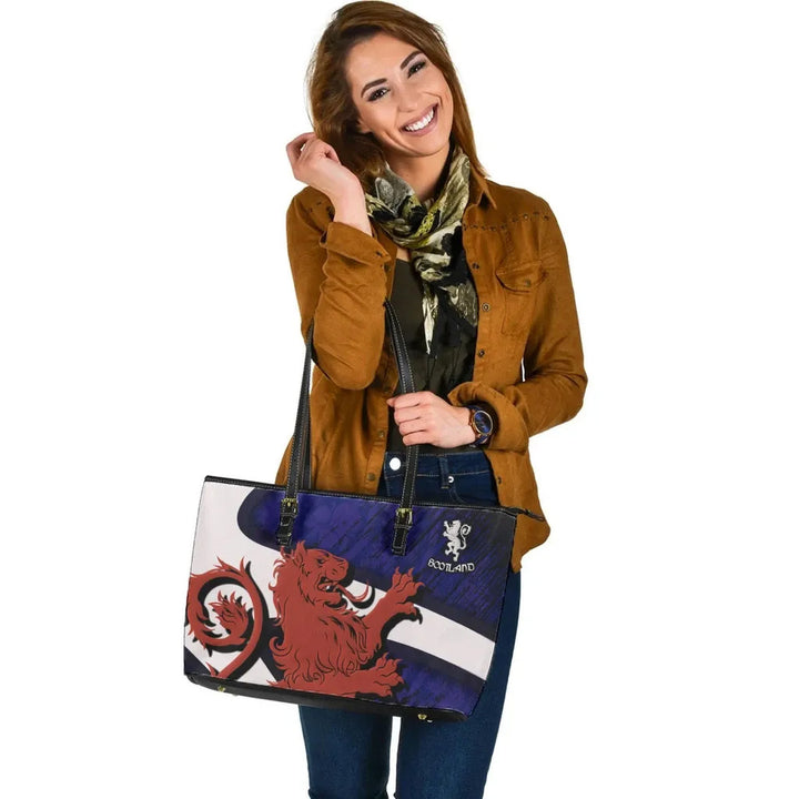 Scotland Celtic Leather Tote Bag - Scottish Lion & Thistle Pattern Brush
