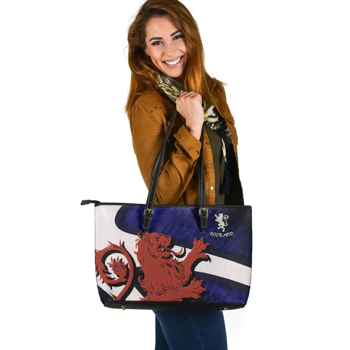 Scotland Celtic Leather Tote Bag - Scottish Lion & Thistle Pattern Brush