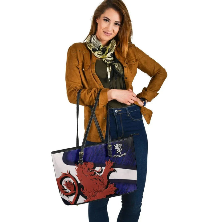 Scotland Celtic Leather Tote Bag - Scottish Lion & Thistle Pattern Brush