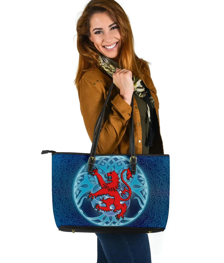 Scotland Celtic Leather Tote Bag - Scottish Lion & Tree of Life Light Blue