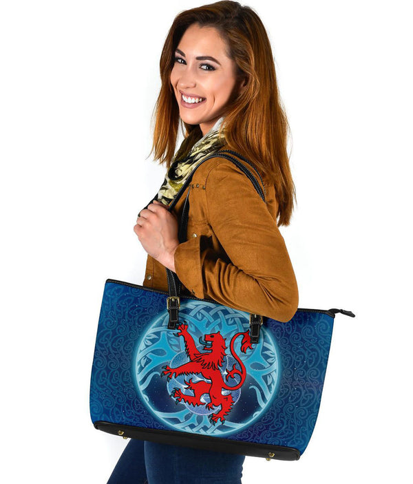 Scotland Celtic Leather Tote Bag - Scottish Lion & Tree of Life Light Blue