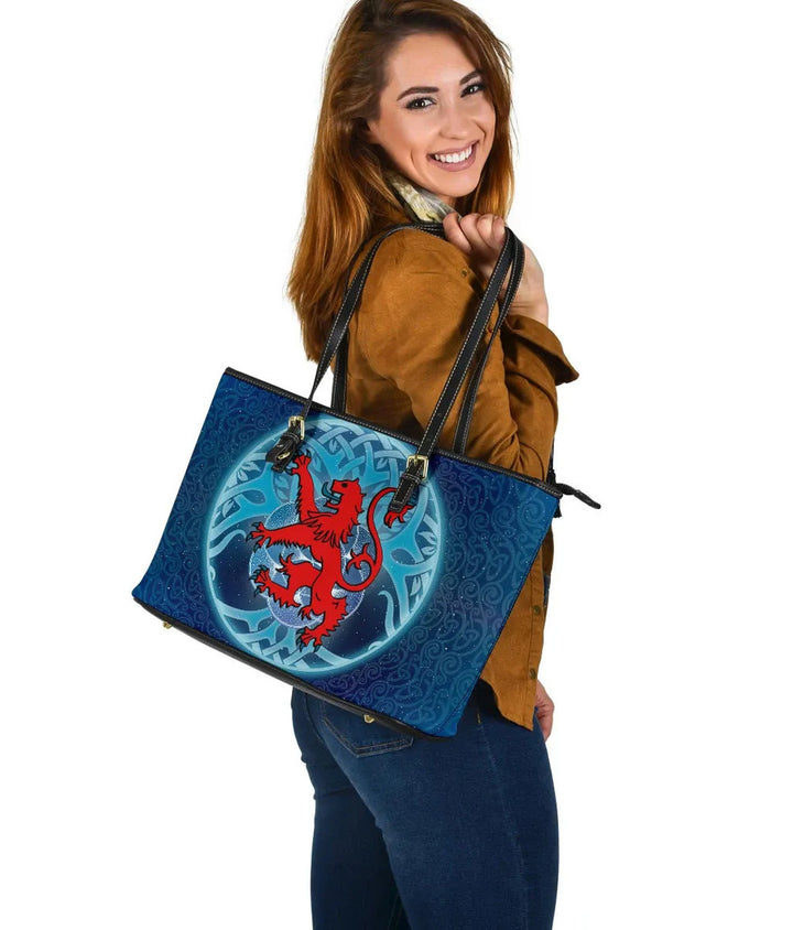 Scotland Celtic Leather Tote Bag - Scottish Lion & Tree of Life Light Blue