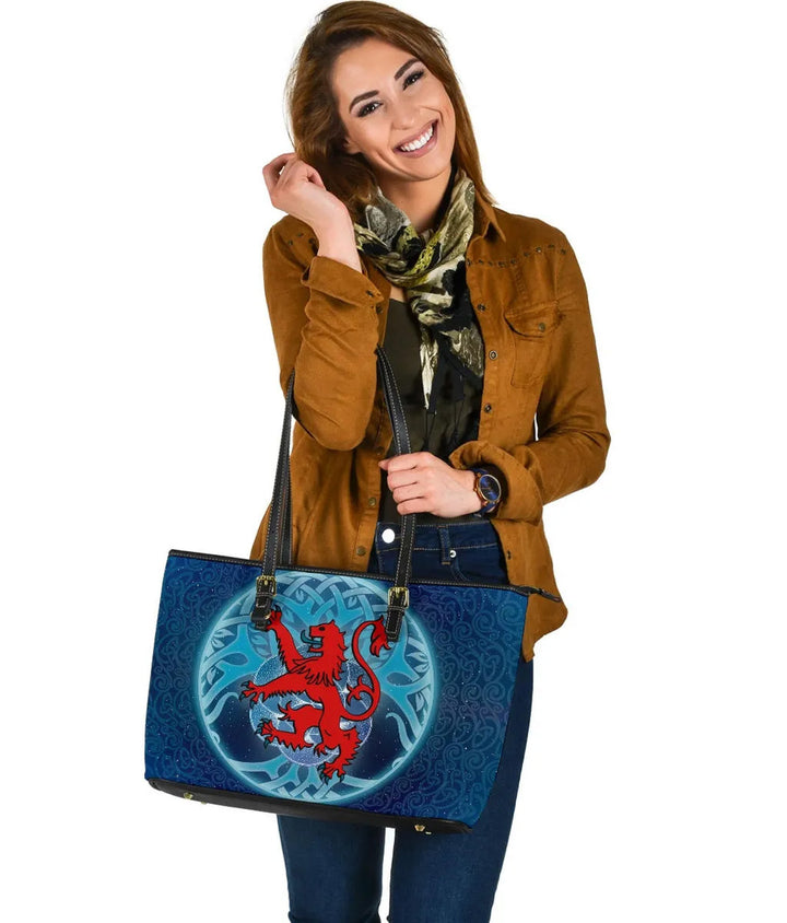 Scotland Celtic Leather Tote Bag - Scottish Lion & Tree of Life Light Blue
