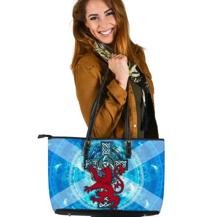 Scotland Celtic Leather Tote Bag - Scottish Lion With Celtic Cross