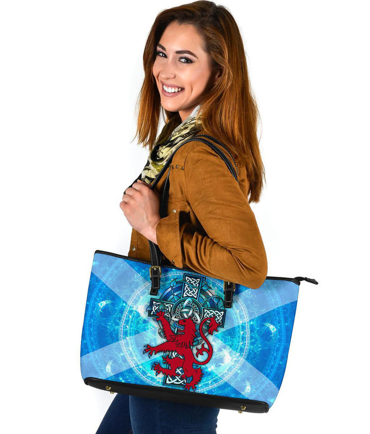 Scotland Celtic Leather Tote Bag - Scottish Lion With Celtic Cross