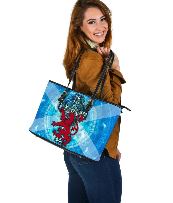 Scotland Celtic Leather Tote Bag - Scottish Lion With Celtic Cross