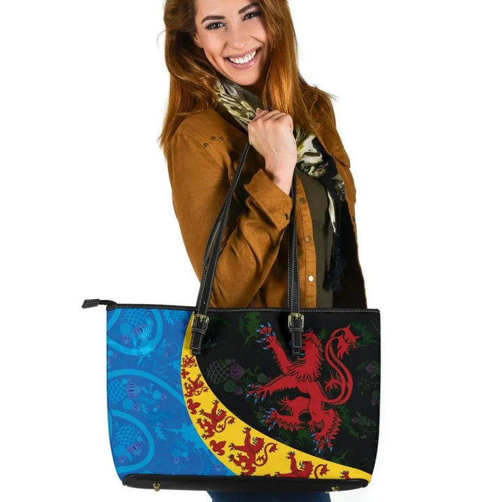 Scotland Celtic Leather Tote Bag - Scottish Lion with Thistle Patterns