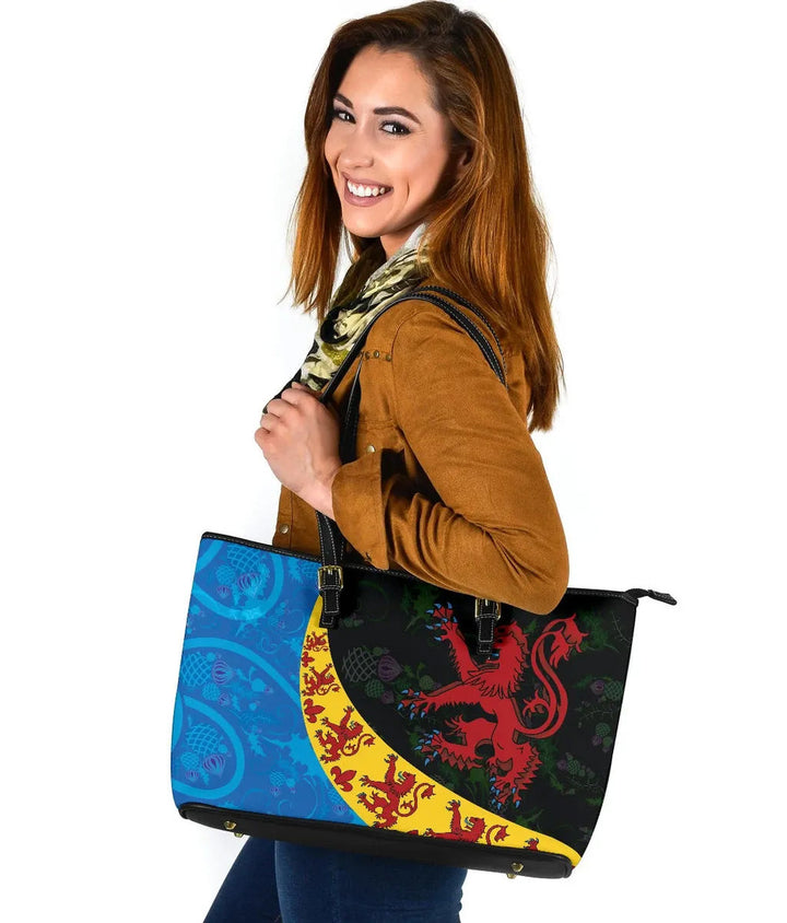 Scotland Celtic Leather Tote Bag - Scottish Lion with Thistle Patterns