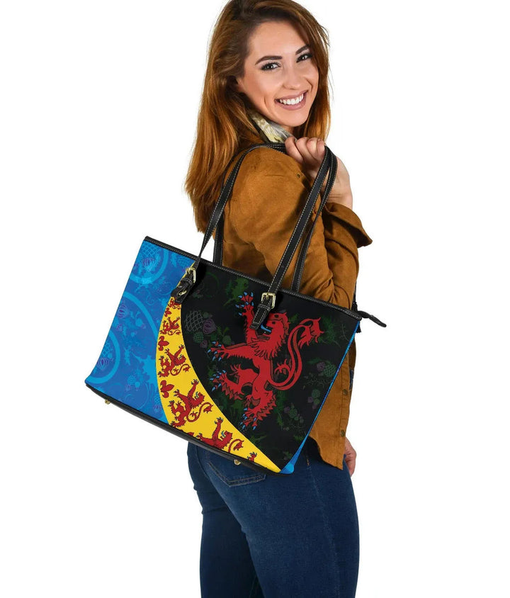 Scotland Celtic Leather Tote Bag - Scottish Lion with Thistle Patterns