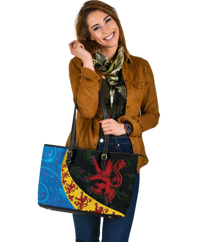 Scotland Celtic Leather Tote Bag - Scottish Lion with Thistle Patterns