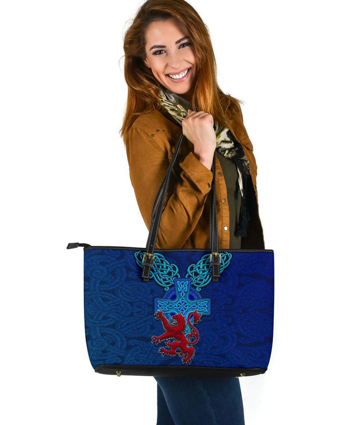 Scotland Leather Tote Bag - Scotland Lion With Celtic Cross