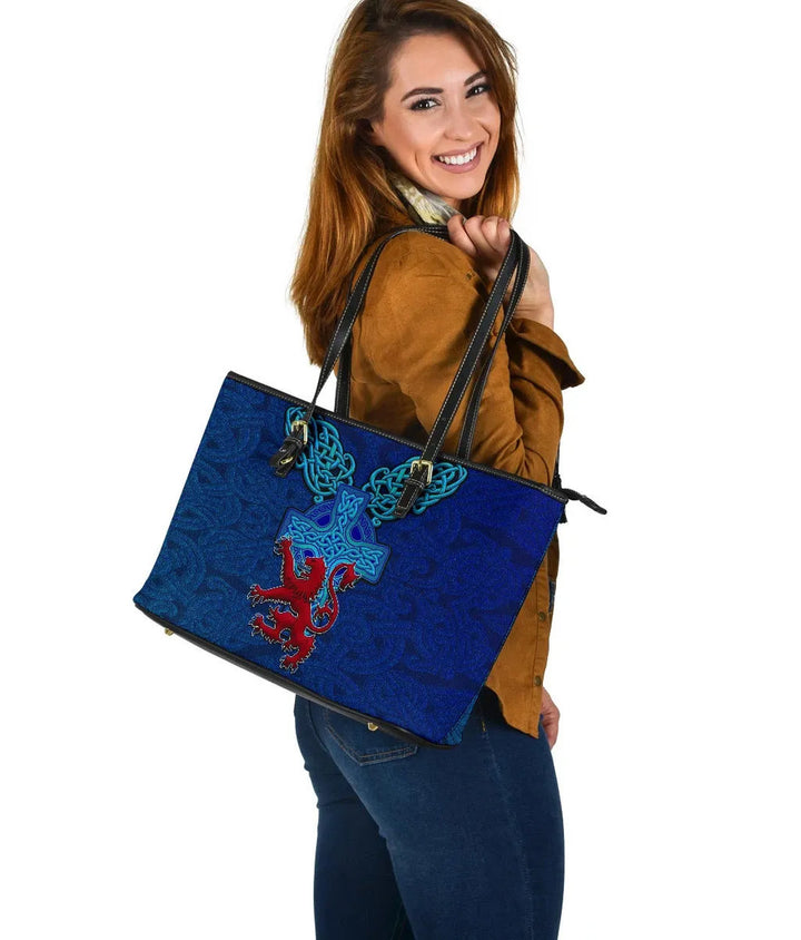 Scotland Leather Tote Bag - Scotland Lion With Celtic Cross