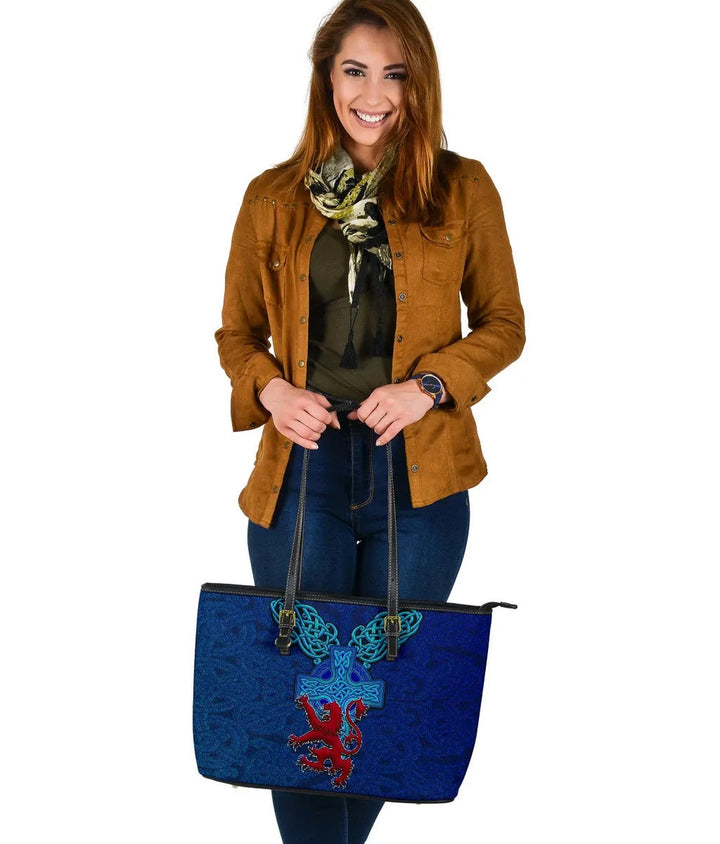 Scotland Leather Tote Bag - Scotland Lion With Celtic Cross