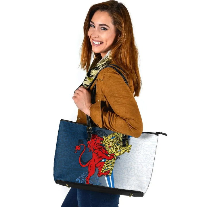 Scotland Leather Tote Bag - Scottish Lion With Celtic Cross