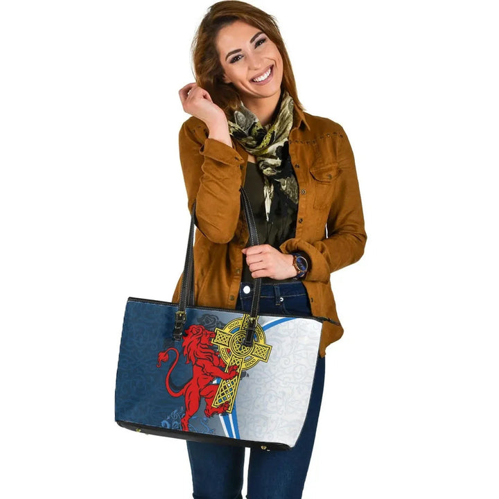 Scotland Leather Tote Bag - Scottish Lion With Celtic Cross