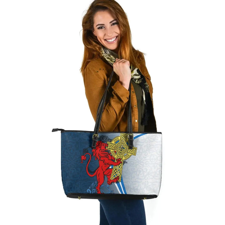 Scotland Leather Tote Bag - Scottish Lion With Celtic Cross