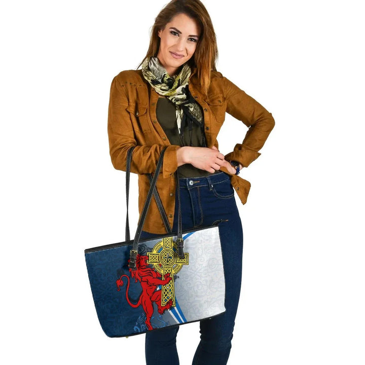 Scotland Leather Tote Bag - Scottish Lion With Celtic Cross