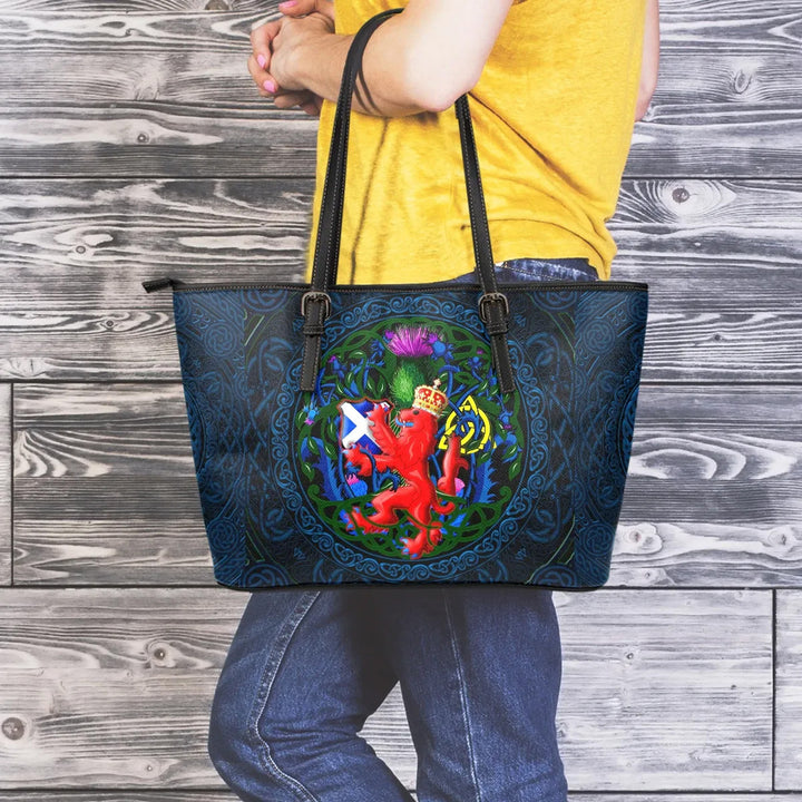 Scotland Rampant Lion with Thistle and Celtic Cross Leather Tote