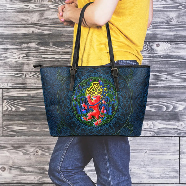 Scotland Rampant Lion with Thistle and Celtic Cross Leather Tote