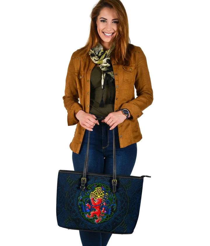 Scotland Rampant Lion with Thistle and Celtic Cross Leather Tote