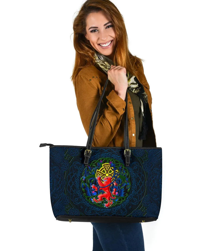 Scotland Rampant Lion with Thistle and Celtic Cross Leather Tote