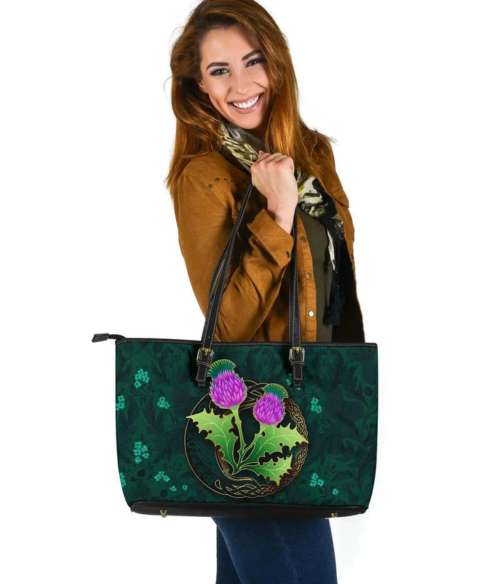 Scotland Thistle Green Celtic Leather Tote Bag