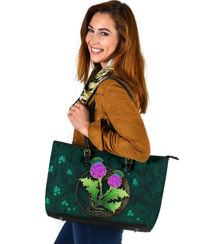 Scotland Thistle Green Celtic Leather Tote Bag