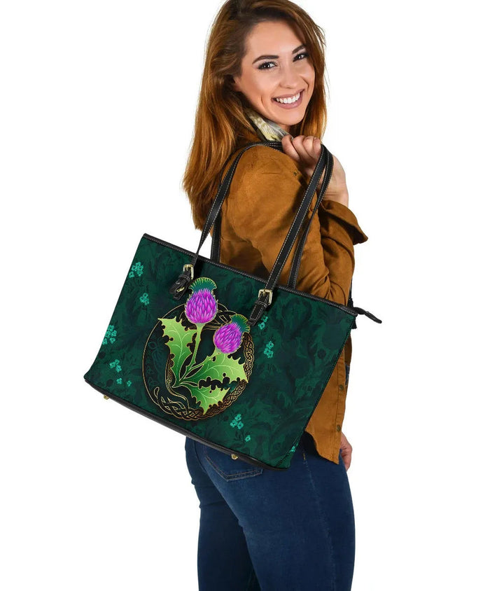 Scotland Thistle Green Celtic Leather Tote Bag