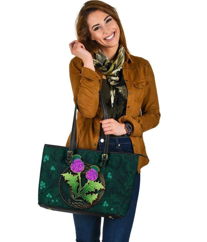 Scotland Thistle Green Celtic Leather Tote Bag