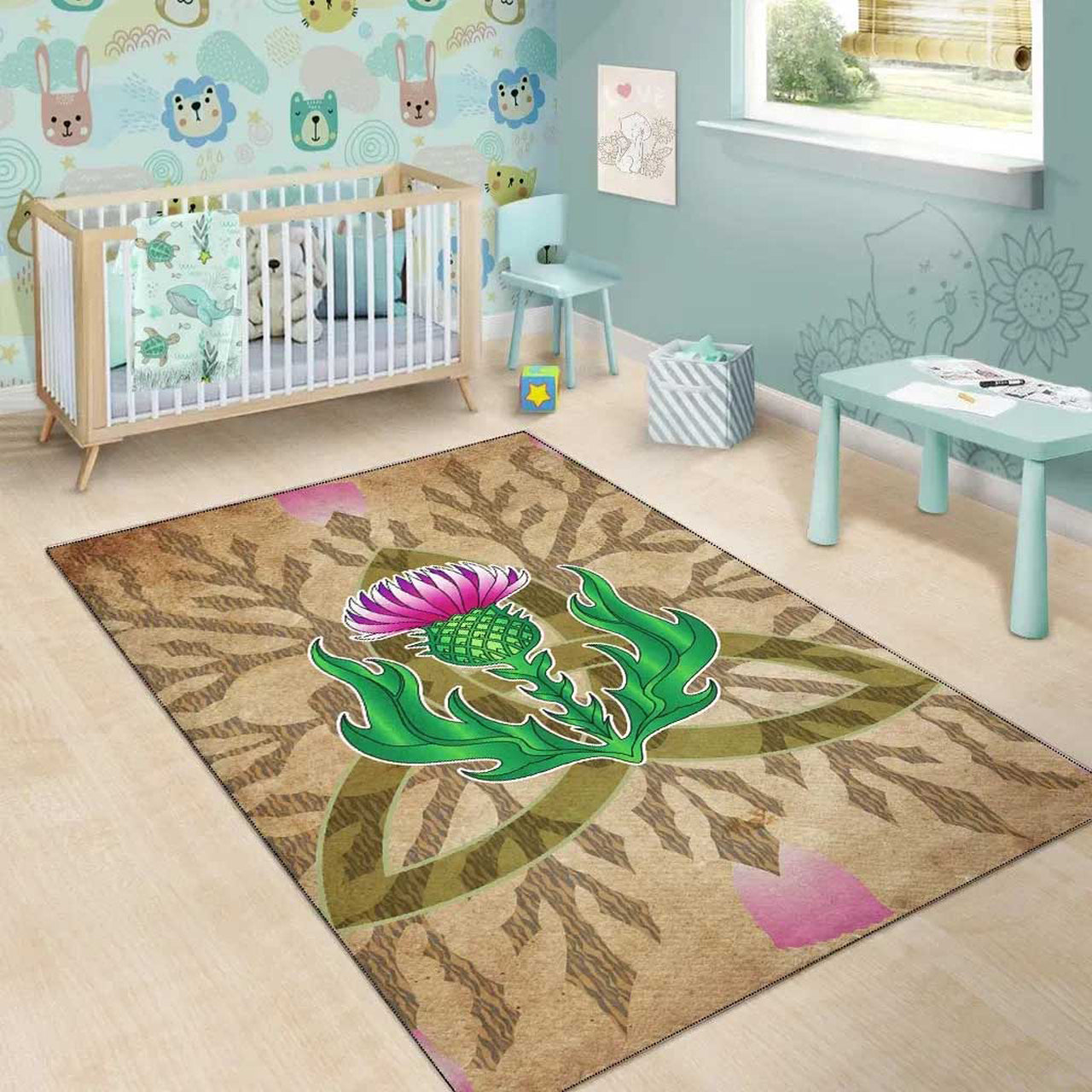 Scottish Area Rug Thistle Flowers Celtic Knot Vintage